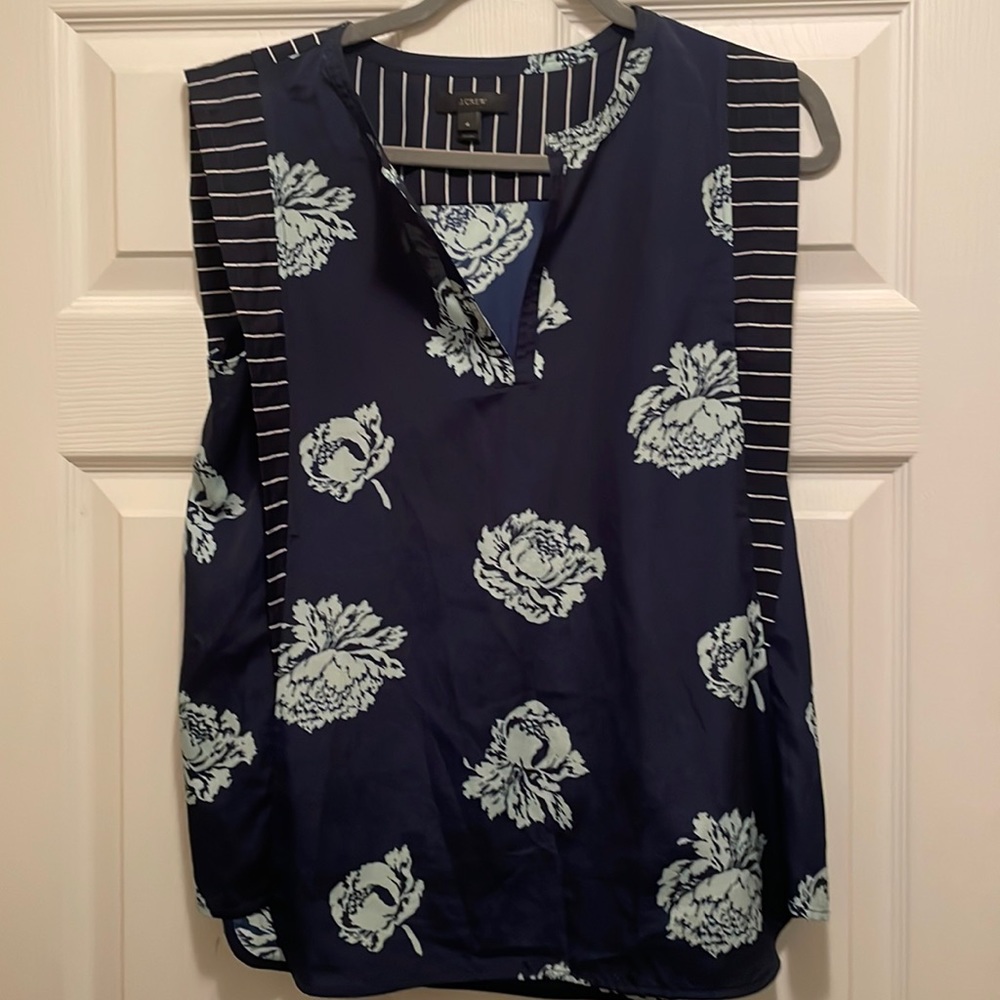 Navy blue satin blouse with turquoise flowers. J Crew size 4